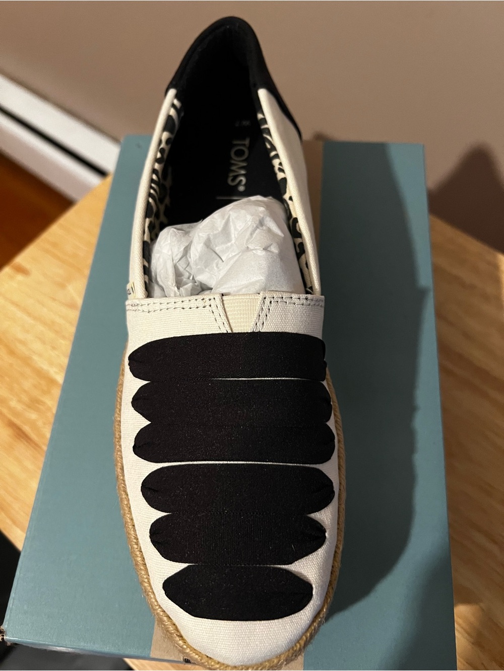 TOMS Women’s White Canvas Espadrille with Black Decorative Overlays